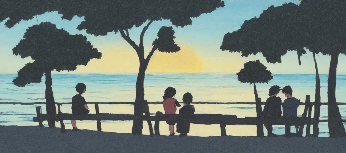 Image similar to a couple watching the sunset by the beach, by Studio Ghibli