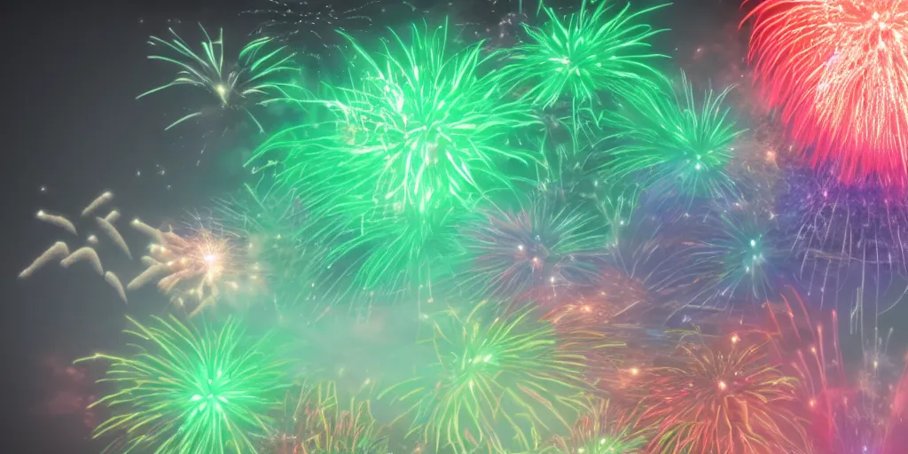Prompt: muted rgb fireworks bursting in the sky form shapes the resemble ( ( ( baby yoda ) ) ). 8 k, 4 k, hq, 3 d render, digital art, dramatic lighting, comedy, science fiction, hyper realistic, ultra detailed.