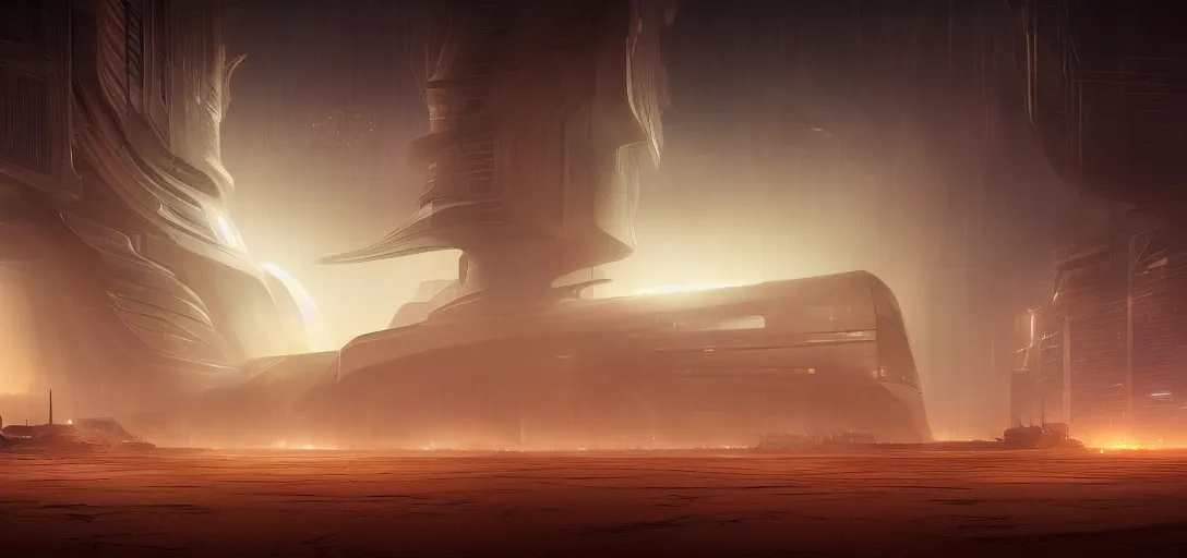 Image similar to view from the desert ground fire night stars of futuristic mechanical blade runner cyberpunk architecture, light rays, symmetry, cinematic lighting, ultra detailed, sharp, ambient occlusion, bloom, raytracing, by greg rutowski, paul chadeisson and jessica rossier