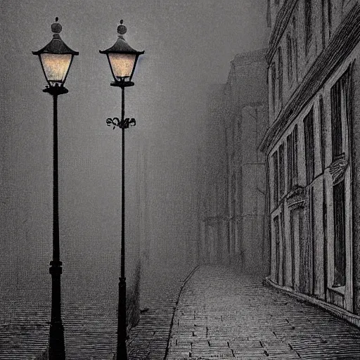 Image similar to The foggy old streets of London lit only by lampposts, 1888, foggy, night, digital art