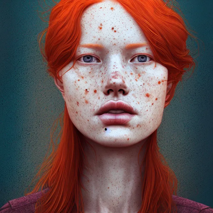 Image similar to portrait of a redheaded woman with freckles. intricate abstract. intricate artwork. by Tooth Wu, wlop, beeple, dan mumford. octane render, trending on artstation, greg rutkowski very coherent symmetrical artwork. cinematic, hyper realism, high detail, octane render, 8k, chrome accents