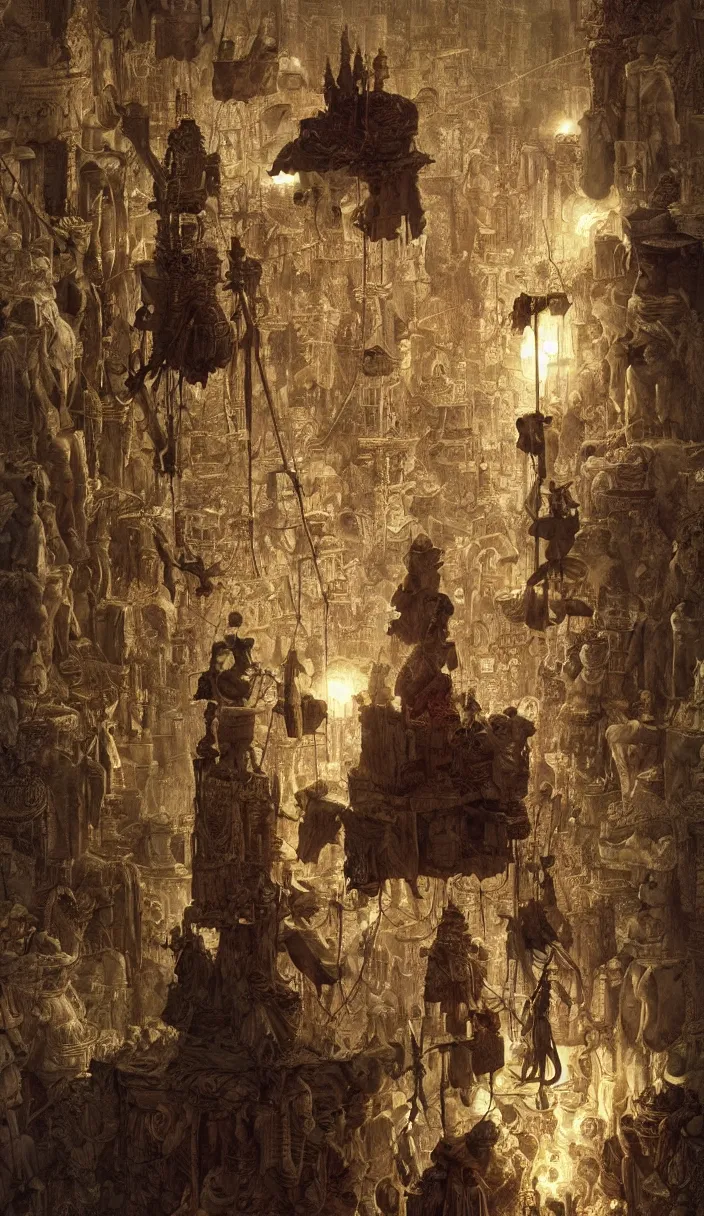 Image similar to a god as the puppet master of mankind, part by norman rockwell, part by greg rutkowski, part by mattias adolfsson, high angle, intricate, detailed, ( ( ( volumetric lighting ) ) ), oil on canvas