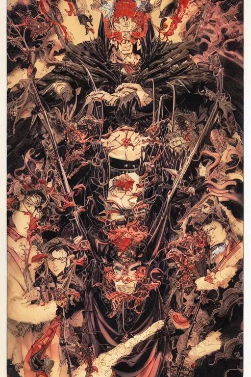 Image similar to 中 元 节, 中 国 鬼 节, king of hell, comic book page, symmetrical, by yoichi hatakenaka, masamune shirow, josan gonzales and dan mumford, ayami kojima, takato yamamoto, barclay shaw, karol bak, yukito kishiro