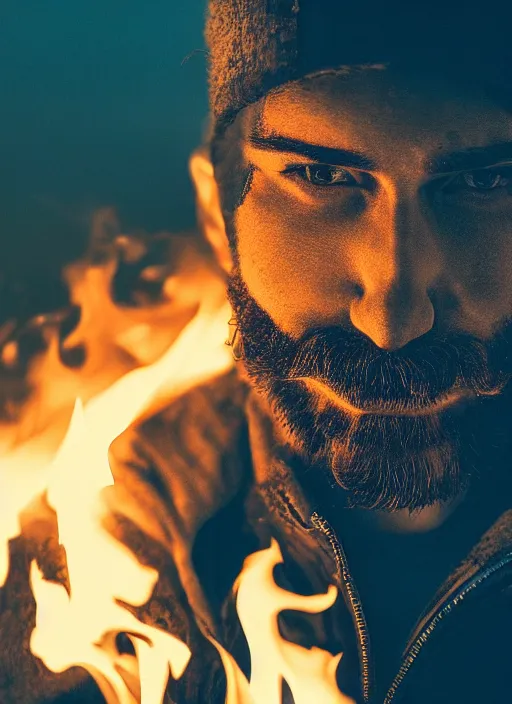 Prompt: Man with fire flames facial hair, light atmosphere, neon, cinematic shot, intricate, ornate, photorealistic, ultra detailed, realistic, 100mm, photography, octane, high definition, depth of field, bokeh, 8k, artstation