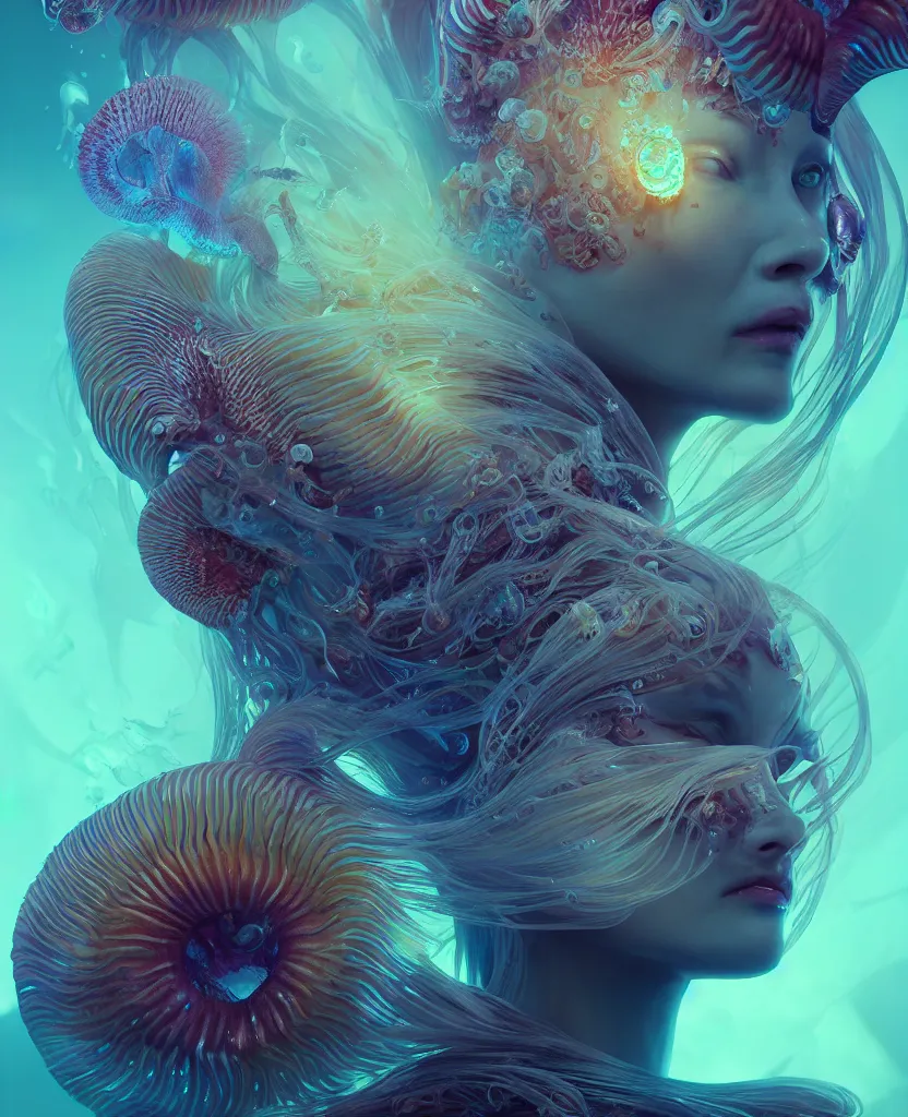 Image similar to goddess close-up portrait. chimera orchid jellyfish phoenix head, nautilus, skull, betta fish, bioluminiscent creatures, intricate artwork by Tooth Wu and wlop and beeple. octane render, trending on artstation, greg rutkowski very coherent symmetrical artwork. cinematic, hyper realism, high detail, octane render, 8k