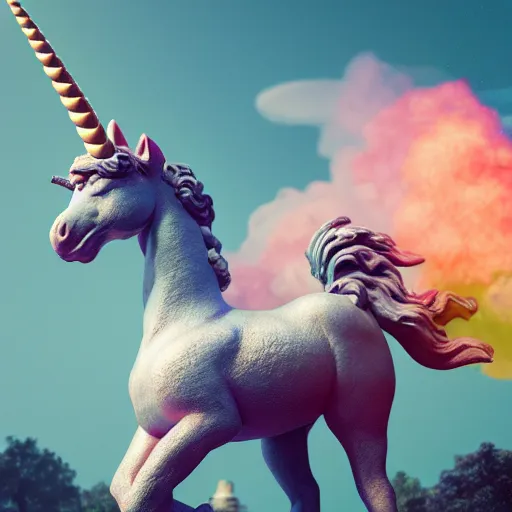 Prompt: a statue of a ramping unicorn sourrounded by a colorful smoke, victorian baroque, hyperrealistic, detailed, depth of field, High definition, 8k, depth of field, octane render, artstation