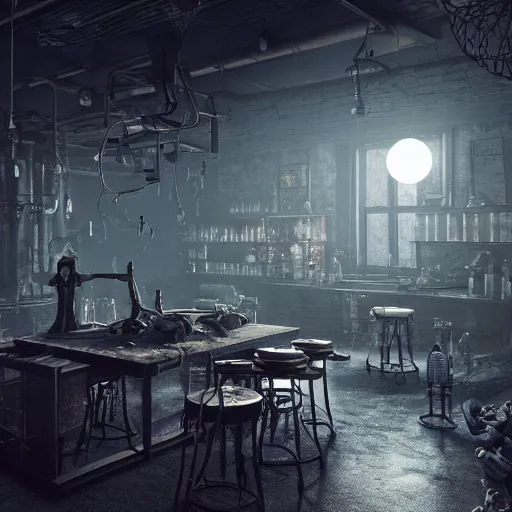 Image similar to of a industrial environmnet, alchemist's laboratory, sun roof with the moonlight lighting the room, messy tabletops, cages hanging from the ceilling with octopuses on them, mad scientist, frankenstein vibes, octane render, realistic, volumetric lighting, 4 k, 1 6 mm lens, f 2. 8, cinematic framing