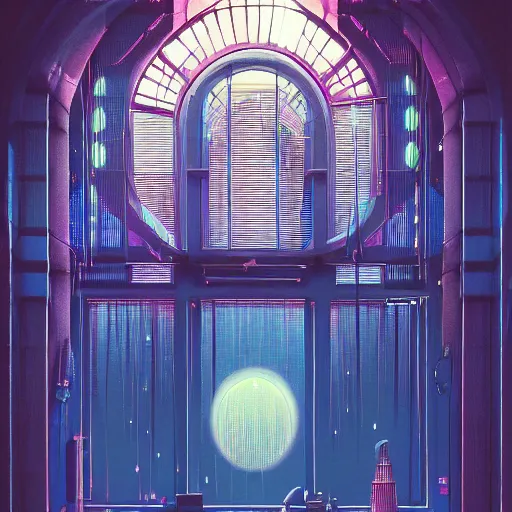 Image similar to 80s interior with arched windows, neon rain, hanging plants, cinematic, cyberpunk, lofi, calming, dramatic, fantasy, by Moebius, by zdzisław beksiński, Fantasy LUT, high contrast, epic composition, sci-fi, dreamlike, surreal, angelic, cinematic, 8k, unreal engine, hyper realistic, fantasy concept art,