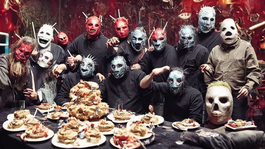 Image similar to slipknot having a birthday party, film still from the movie directed by Denis Villeneuve with art direction by Salvador Dalí, wide lens