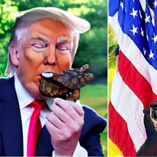 Prompt: donald trump eating a tortoise with the face of mitch mcconnell heironomous bosch