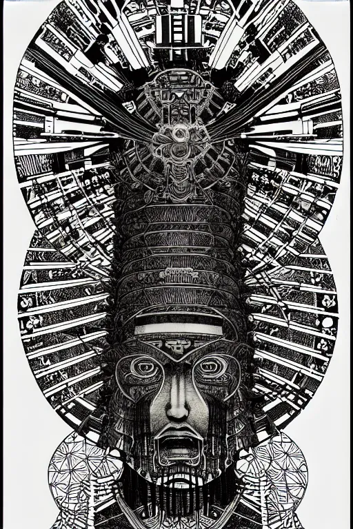 Image similar to a black and white drawing of an ancient future japanese temple samurai, bioluminescence, a detailed mixed media collage by hiroki tsukuda and eduardo paolozzi and ernst haeckel, intricate linework, sketchbook psychedelic doodle comic drawing, geometric, street art, polycount, deconstructivism, matte drawing, academic art, constructivism