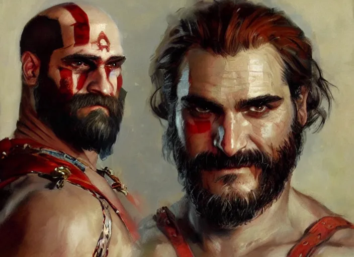 Prompt: a highly detailed beautiful portrait of joaquin phoenix as kratos, by gregory manchess, james gurney, james jean