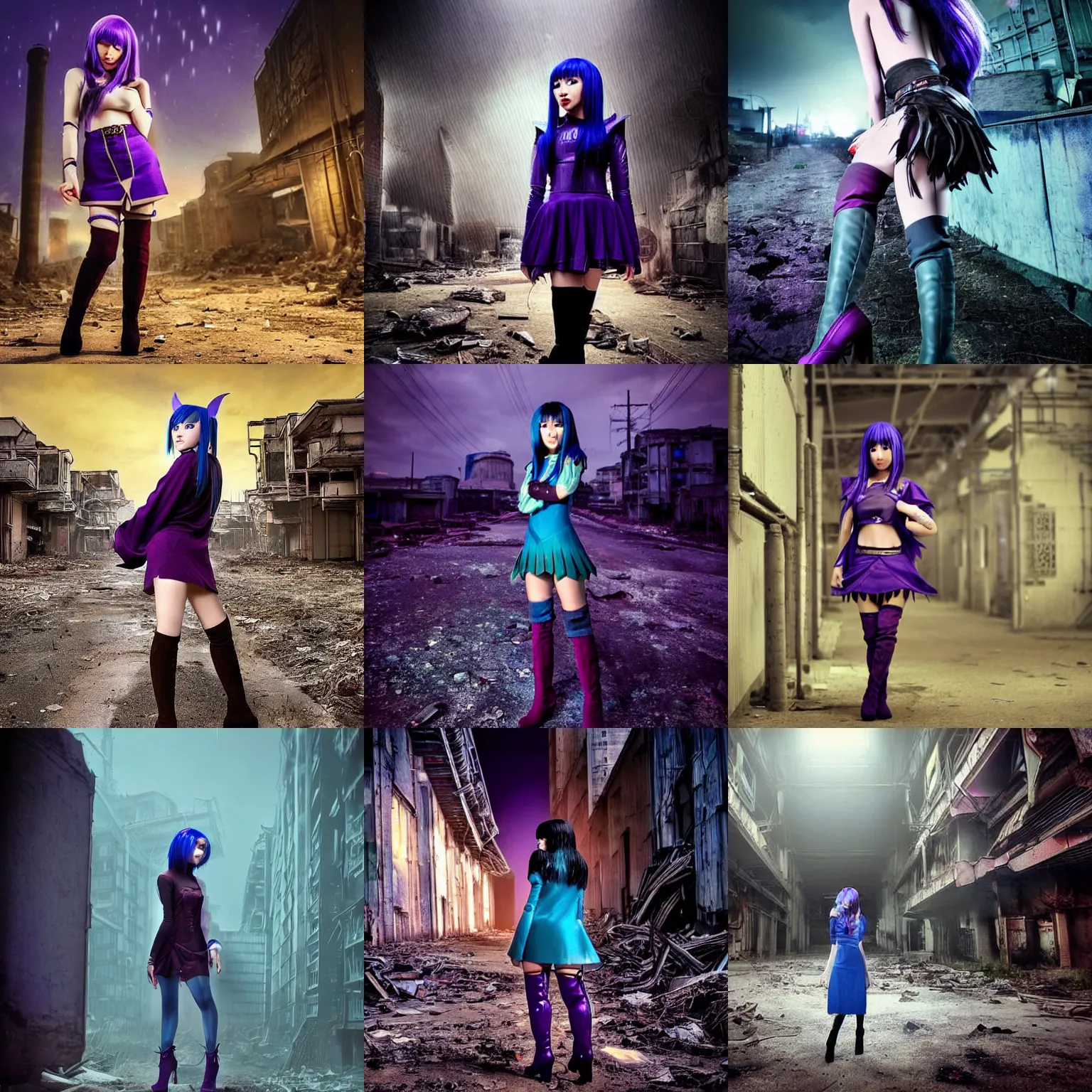 Prompt: stunning, breathtaking, awe-inspiring award-winning photo of an attractive young asian elf woman with pointy ears and blue hair, wearing a miniskirt and knee-high boots in an endlessly sprawling desolate abandoned post-apocalyptic industrial city at night, extremely moody purple lighting