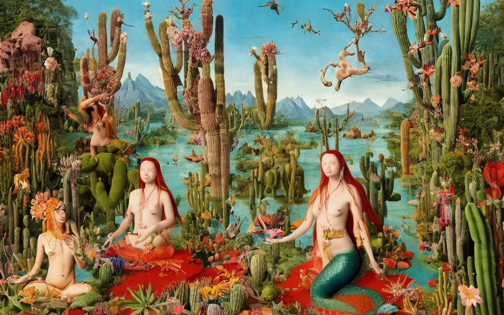 Prompt: a portrait photograph of a meditating mermaid shaman and a centaur monk feeding tropical animals at a wide river delta. surrounded by bulbous flowers, elephants, trees and cacti. mountain range under a vast blue sky of burning stars. painted by jan van eyck, max ernst, ernst haeckel and artgerm, cgsociety, artstation, fashion editorial