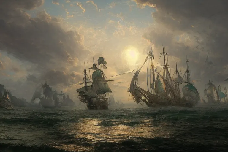 Prompt: highly detailed 4K fantasy matte painting of a huge pirate ship galleon sailing into a harbor at night large white sails green landscape digital art by Greg Rutkowski and Thomas Kinkade, trending on Artstation