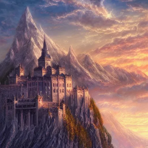 Image similar to very beautiful secret city of the elves gondolin on top of a mountain, highly detailed, digital painting, artstation, matte, sharp focus, impressionnisme, vivid color,