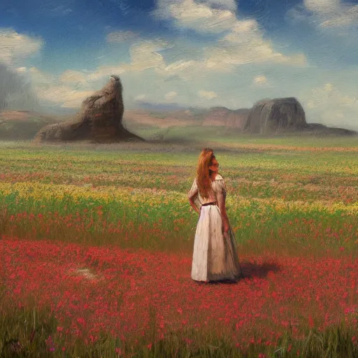 Image similar to a matte painting of the wild west, woman standing in flower field, oil painting, pale colors, high detail, 8 k, wide angle, trending on artstation,