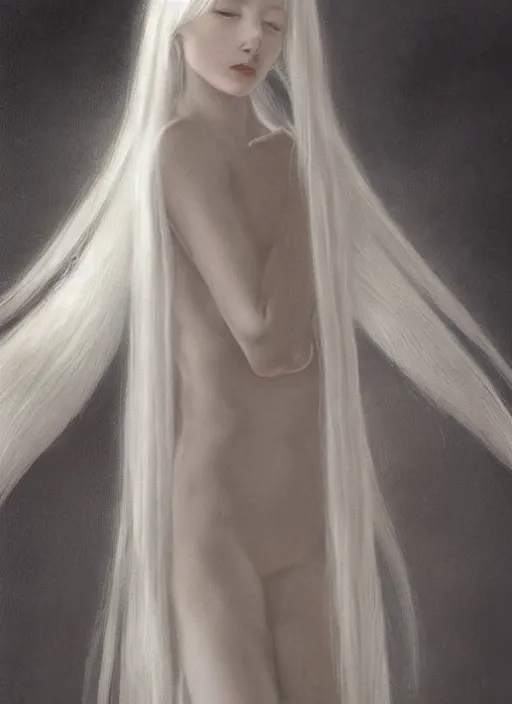 Image similar to tall thin young wan beautiful angel, silver hair so long, pale!, long silver hair, silver angel wings, wan adorable korean face, silver hair!!, style of fernand khnopff and lucien levy - dhurmer, oil on canvas, 4 k resolution, aesthetic!,