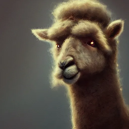 Prompt: Anthropomorphic alpaca in HD, artstation, Greg rutkowski, cinematic
