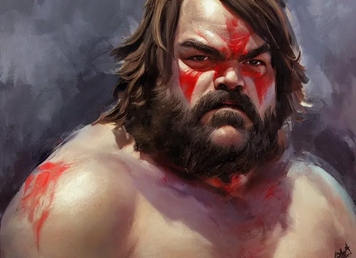 Prompt: a highly detailed beautiful portrait of jack black as kratos, by gregory manchess, james gurney, james jean