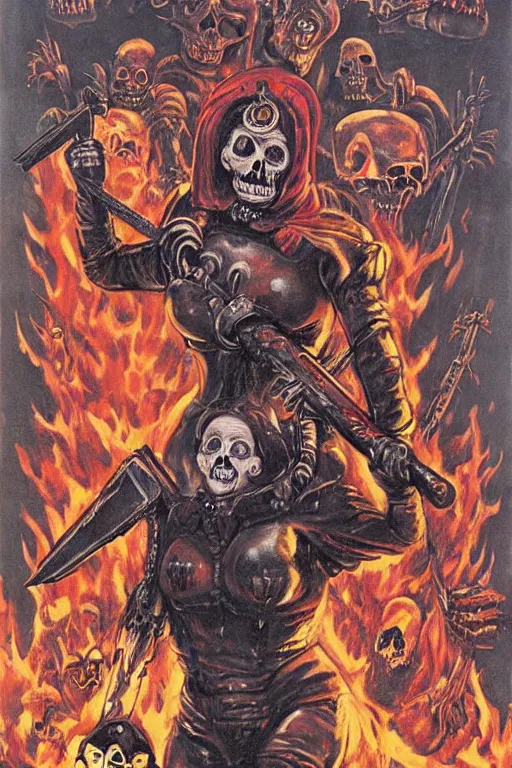 Prompt: Queen Elizabeth 2 with a chainsaw in her hands fights with an army of skeletons in hell, in the style of the cover of the 2 part of doom,