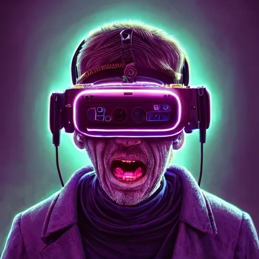 Image similar to Colour Photography of 1000 years old man with highly detailed 1000 years old face wearing higly detailed cyberpunk VR Headset designed by Josan Gonzalez Many details. Man raging screaming . In style of Josan Gonzalez and Mike Winkelmann andgreg rutkowski and alphonse muchaand Caspar David Friedrich and Stephen Hickman and James Gurney and Hiromasa Ogura. Rendered in Blender