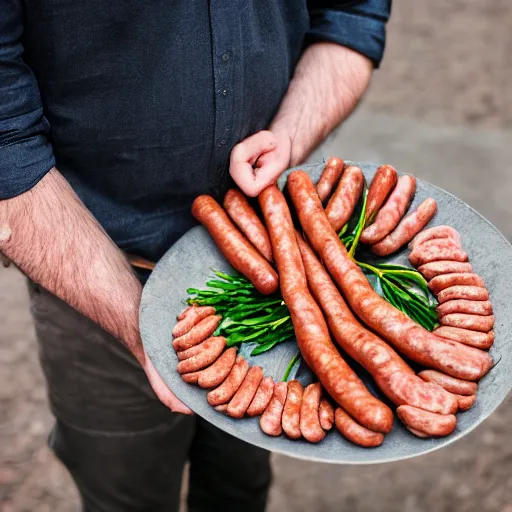 Prompt: a portrait of bogan holding a bouquet of sausages, canon eos r 3, f / 1. 4, iso 2 0 0, 1 / 1 6 0 s, 8 k, raw, unedited, symmetrical balance, in - frame