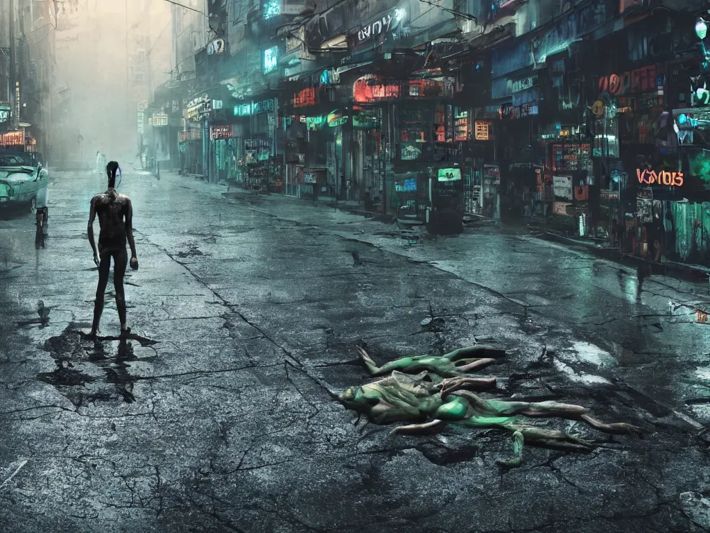 Image similar to voodoo people film clip by the prodigy, cyberpunk, dark magic, green whispy fog, street scene, dirty rats, hdr, alligator shaman, faint feeling of doom, wet asphalt, reflected light, detailed render, gloomy, ray traced reflections, trending on deviantart, dlss