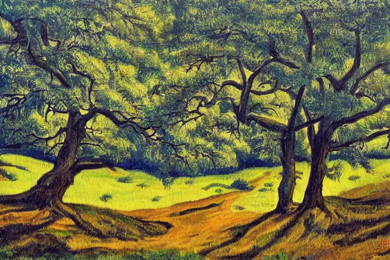 Prompt: masterpiece painting of oak trees on a hillside overlooking a creek, dramatic lighting, by dorothy p. lathrop