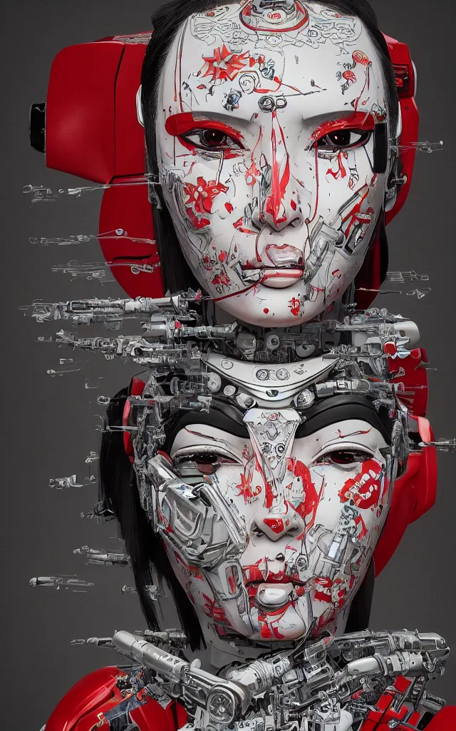 Prompt: an epic fantastic realism comic book style portrait painting of a japanese robotic : akira geisha with chinese pattern tattoos and decals, 云 雷 纹, 蟒 纹, inspired by the lord of ghost in the shell, octane render, intricate detail, 8 k hd, unreal engine 5, ex machina, irobot