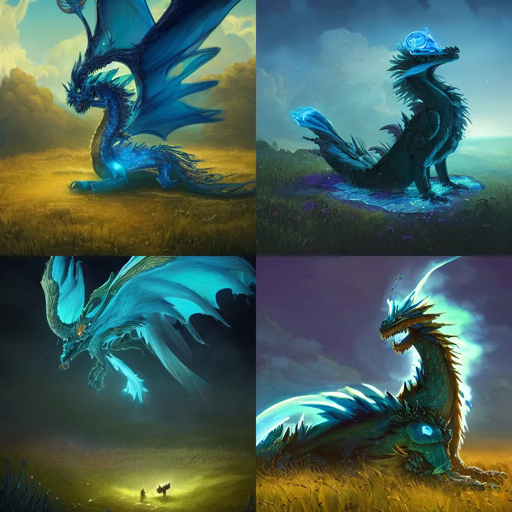 Prompt: beautiful digital fantasy illustration of a closeup giant ferocious feathered blue bioluminescent dragon sitting alone in a meadow, concept art by greg rutowski, anato finnstark, and rebecca guay, highly detailed, soft lighting, rendered in octane