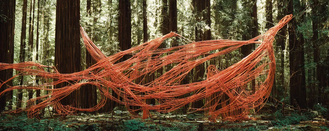 Image similar to a giant spaghetti sculpture, hit by a ray of sunshine, in a redwood forest, canon 5 0 mm, cinematic lighting, photography, retro, film, kodachrome