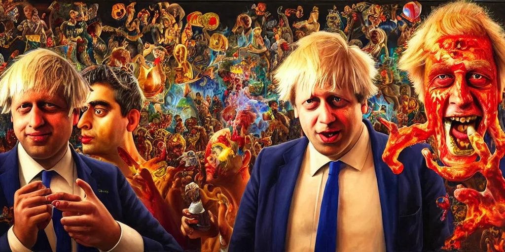 Image similar to rishi sunak and boris johnson in hell, abstract oil painting by gottfried helnwein pablo amaringo raqib shaw zeiss lens sharp focus high contrast chiaroscuro gold complex intricate bejeweled