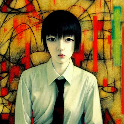 Image similar to yoshitaka amano blurred and dreamy realistic three quarter angle portrait of a young woman with short hair and black eyes wearing office suit with tie, junji ito abstract patterns in the background, satoshi kon anime, noisy film grain effect, highly detailed, renaissance oil painting, weird portrait angle, blurred lost edges