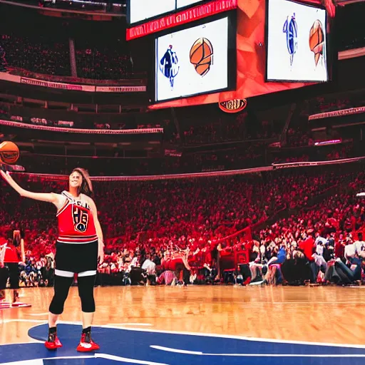 Prompt: woman plying basketball on court in a chicago bulls jersey at the united center