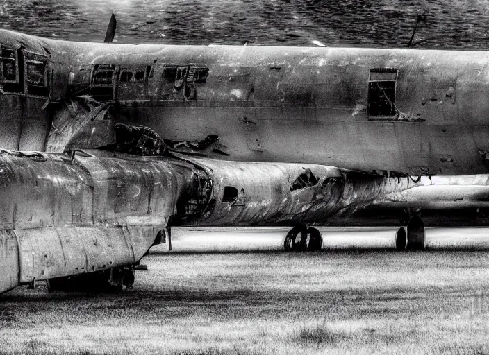Prompt: black and white photograph of a crashed abandoned military jet in kansas city, rainy and foggy, soft focus