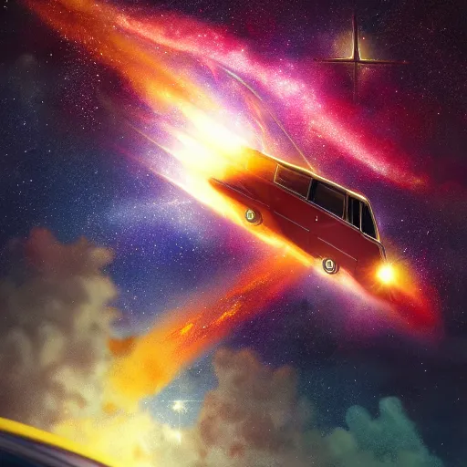 Image similar to a photorealistic concept art painting of a space van flying in front of a nebula, metal, hyper realistic, trending on artstation