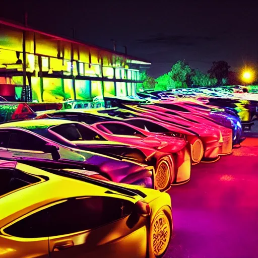 Image similar to a neon lit car meetup in a parking lot at nigh time in August, photorealistic