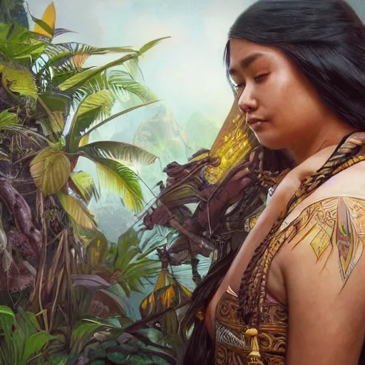 Prompt: A Pacific Islander Ruler, facial tattoos, artists portrait, wild jungle, fantasy, highly detailed, digital painting, concept art, sharp focus, depth of field blur, illustration, art by artgerm and greg rutkowski and alphonse mucha