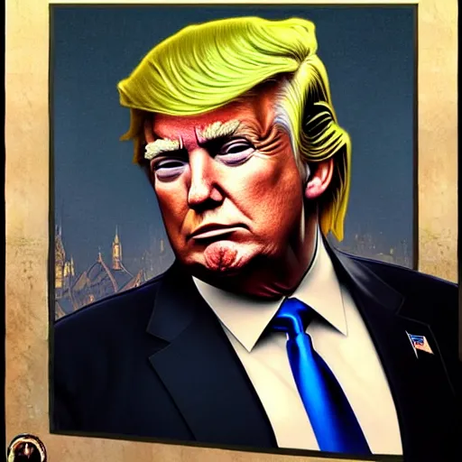 Image similar to full portrait of donald trump as mayor humdinger, fantasy, d & d, intricate, detailed, by by alphonse mucha, adolfo hohenstein, alice russell glenny, stanley artgerm lau, greg rutkowski, detailed, trending on artstation, trending on artstation, smooth