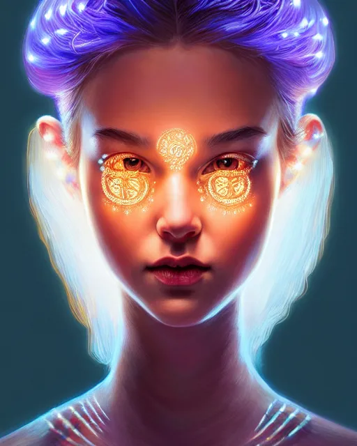 Image similar to portrait of warrior pixie, glowing lights!! intricate, elegant, highly detailed, digital painting, artstation, concept art, smooth, sharp focus, illustration, disney stuyle, symmetry face, fine details. surreal, by ilya kuvshinov, katsuhiro otomo, kidmo!!!, trending on artstation, munreal engine 5