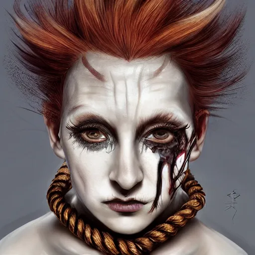 Image similar to portrait of a Shibari rope wrapped face and neck, headshot, insanely nice professional hair style, dramatic hair color, face paint half and half, digital painting, of a old 15th century, old cyborg merchant, amber jewels, baroque, ornate clothing, scifi, realistic, hyperdetailed, chiaroscuro, concept art, art by Franz Hals and Jon Foster and Ayami Kojima and Amano and Karol Bak,