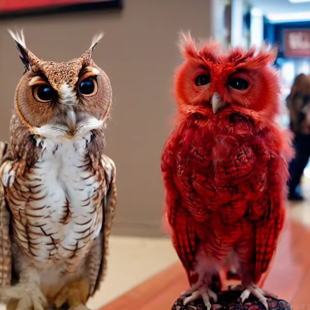 Image similar to a person wearing a fursuit of a red morph screech owl fursona, fursona, furry convention, hotel lobby, indoors, photograph, furry fandom, photorealistic,