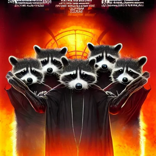 Image similar to 1 9 8 0's award winning sci - fi movie, a group of raccoons wearing dark cult robes look towards the camera in surprise and anger as they perform a dark occult evil ceremony inside the secret lair of an underground mystery cult, dramatic candlelight, pentagrams, ultra - detailed, photorealistic, 4 k