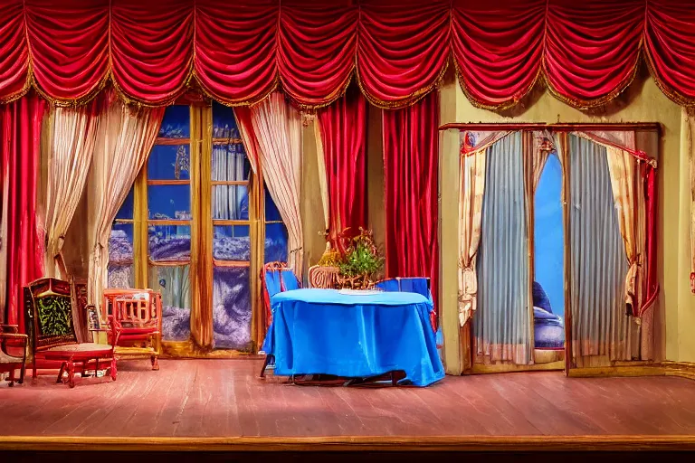 Prompt: photo of a theaterstage, stage is an open 3 floor victorian dollhouse with many rooms and blue roof, theater curtains are red, actors are in the rooms of the house, 8 k, multicolored, exaggerated detailed,