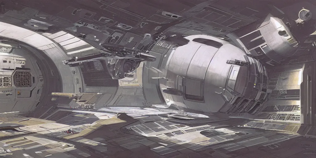 Image similar to highly detailed matte painting of a space station cargo bay by syd mead and john harris