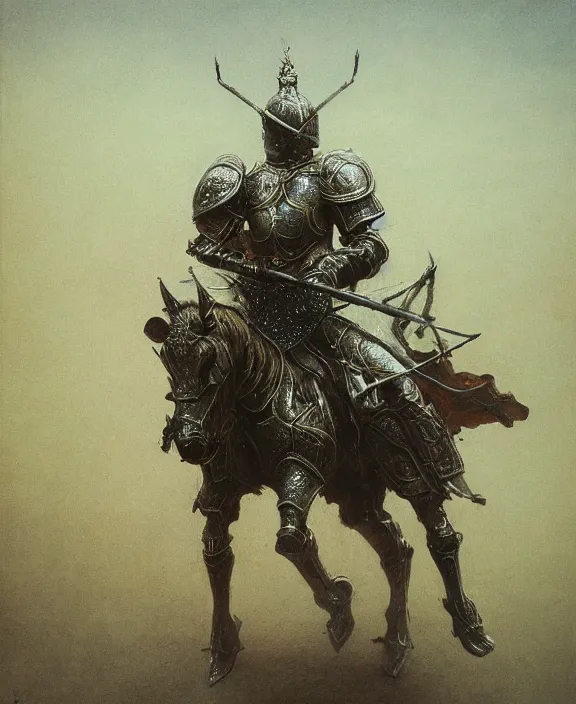 Image similar to royal knight in golden sun ornament armor, dismounted, beksinski, trending on artstation