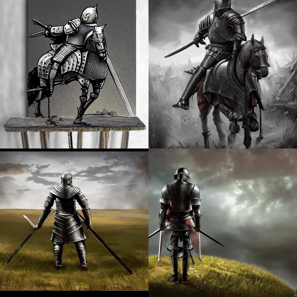 Prompt: Lonely medieval knight on a battlefield, full growth from the back, high detailed, epic artwork, atmospheric