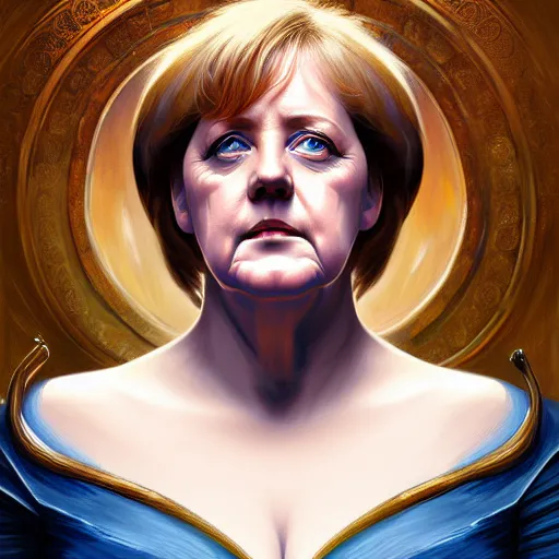 Image similar to Portrait of Angela Merkel, D&D, blue eyes, face, fantasy, intricate, elegant, highly detailed, digital painting, artstation, concept art, smooth, sharp focus, illustration, art by artgerm and greg rutkowski and alphonse mucha