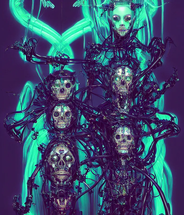 Image similar to fully symmetrical centered iridescent portrait of a beautiful princess demon in robe. skulls artificial muscles, ribcage, bones, hard surface modelling. cyberpunk look. biomechanical mask. bio luminescent biomechanical halo around head. neon jellyfish. artwork by jarold Sng by artgerm, by Eddie Mendoza, by Peter mohrbacher by tooth wu, unreal engine, octane render, cinematic light, high details, iridescent colors, dichroic, macro, depth of field, blur